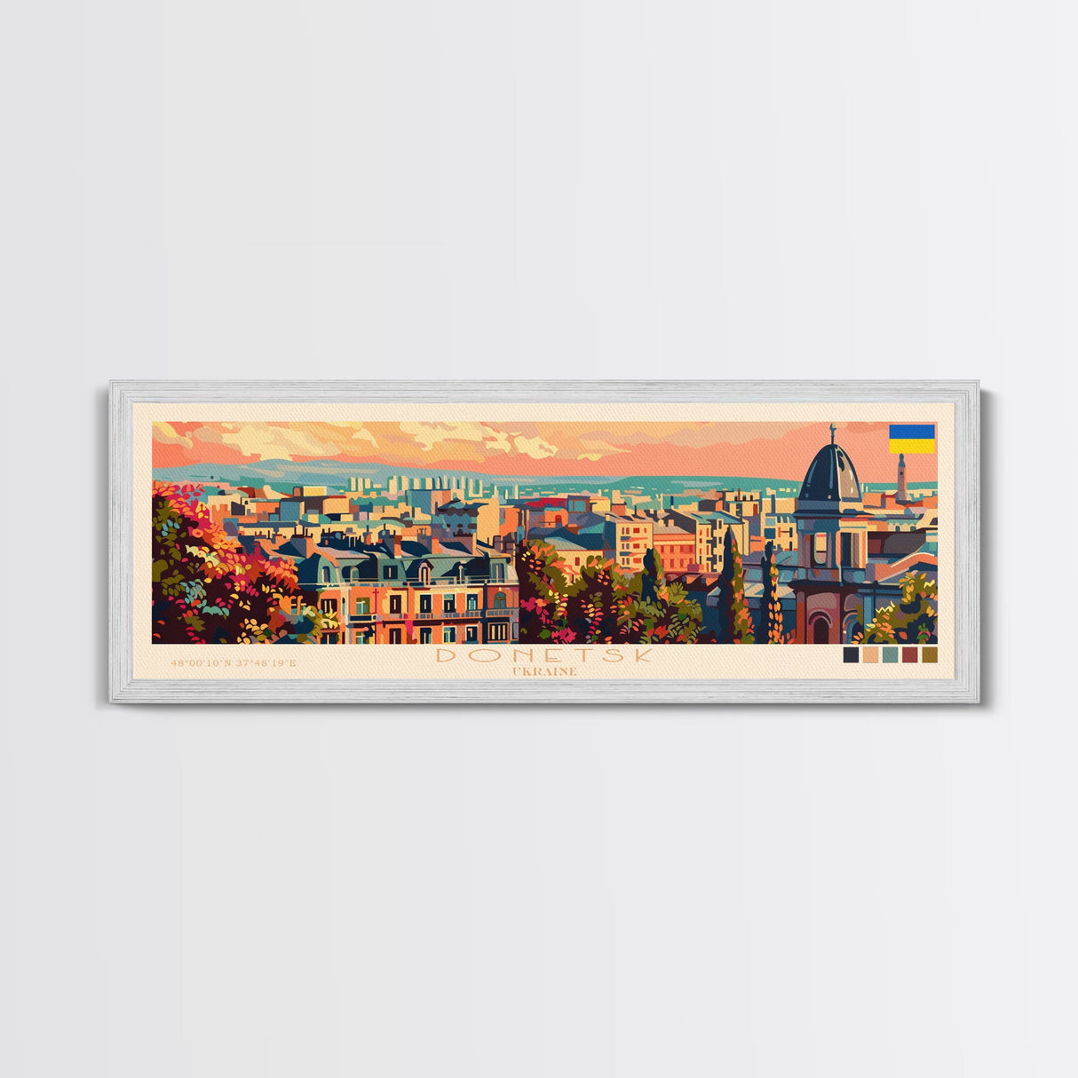 Donetsk Ukraine Panoramic Travel Poster, Framed Canvas Print or Metal Wall Art, Travel Art, Home Decor, Panoramic Painting, Midcentury Art