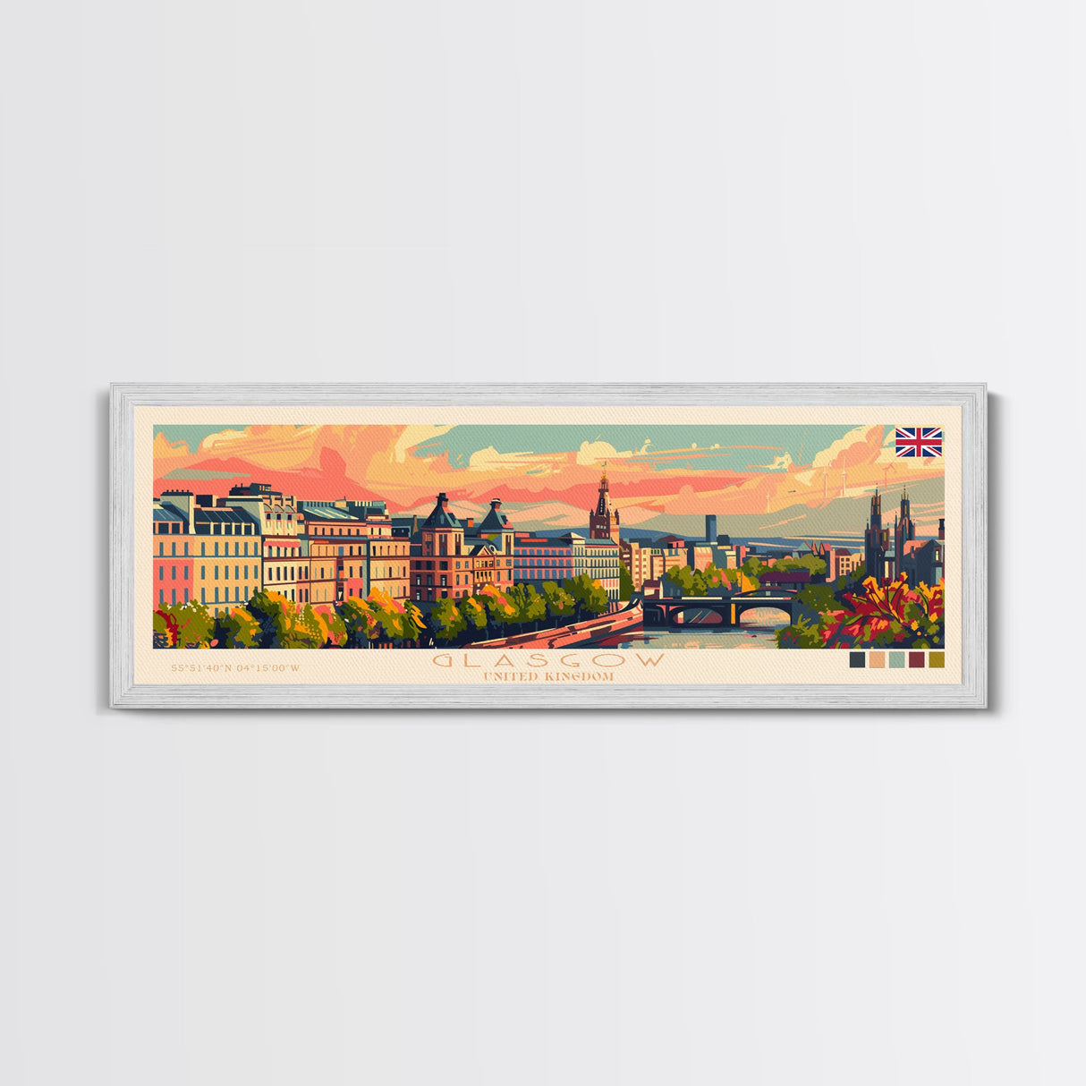 Glasgow United Kingdom Travel Art, City Art, Framed Canvas Print or Metal Wall Art, Europe Travel Poster, Panoramic Wall Art, Extra Wide Wall Art