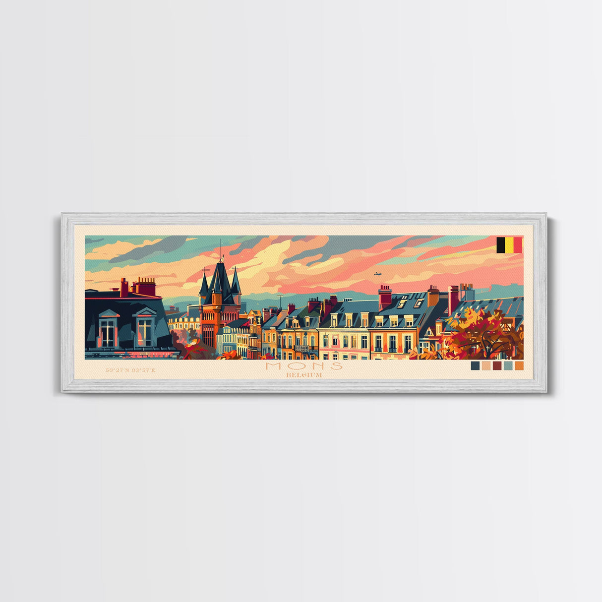 Mons Belgium Panoramic Travel Poster, Framed Canvas Print or Metal Wall Art, Travel Art, Home Decor, Panoramic Painting, Midcentury Art