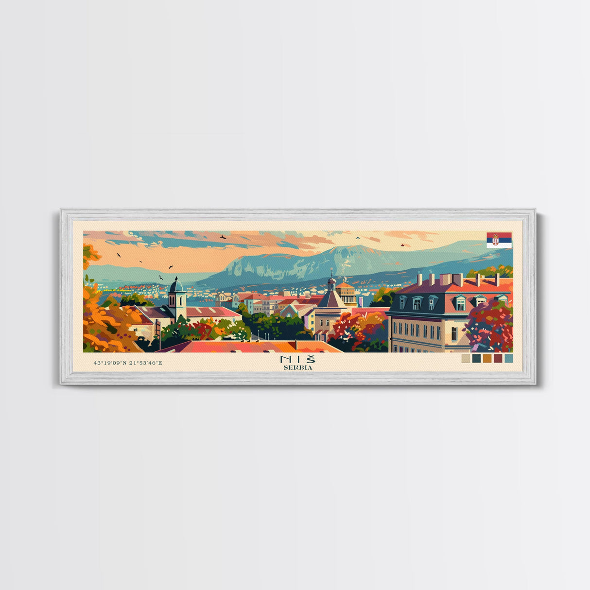 Niš Serbia Panoramic Travel Poster, Framed Canvas Print or Metal Wall Art, Travel Art, Home Decor, Panoramic Painting, Midcentury Art