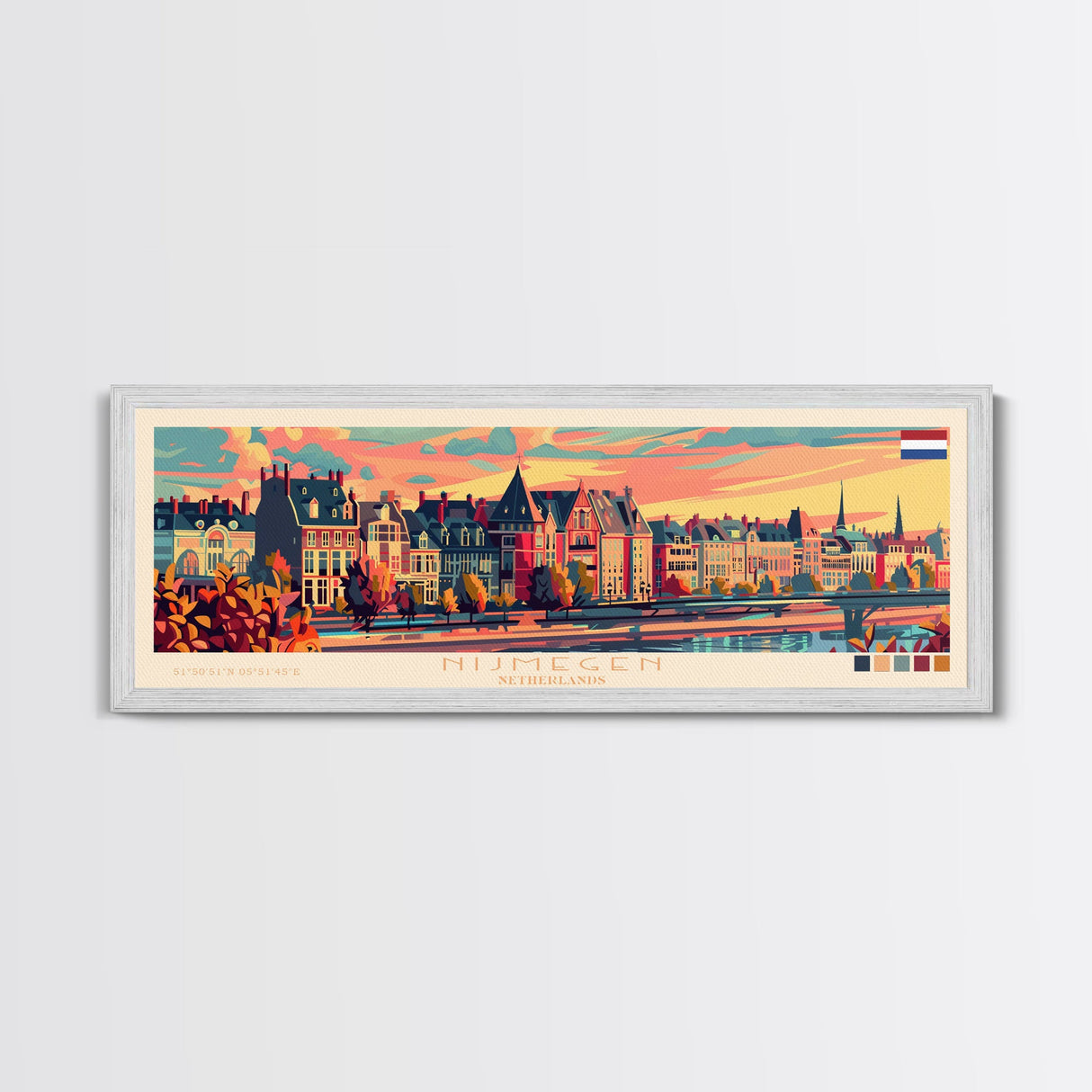 Nijmegen Netherlands Panoramic Travel Poster, Framed Canvas Print or Metal Wall Art, Travel Art, Home Decor, Panoramic Painting, Midcentury Art