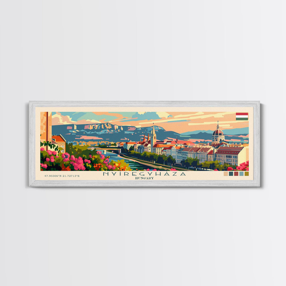 Nyiregyhaza Hungary Panoramic Travel Poster, Framed Canvas Print or Metal Wall Art, Travel Art, Home Decor, Panoramic Painting, Midcentury Art