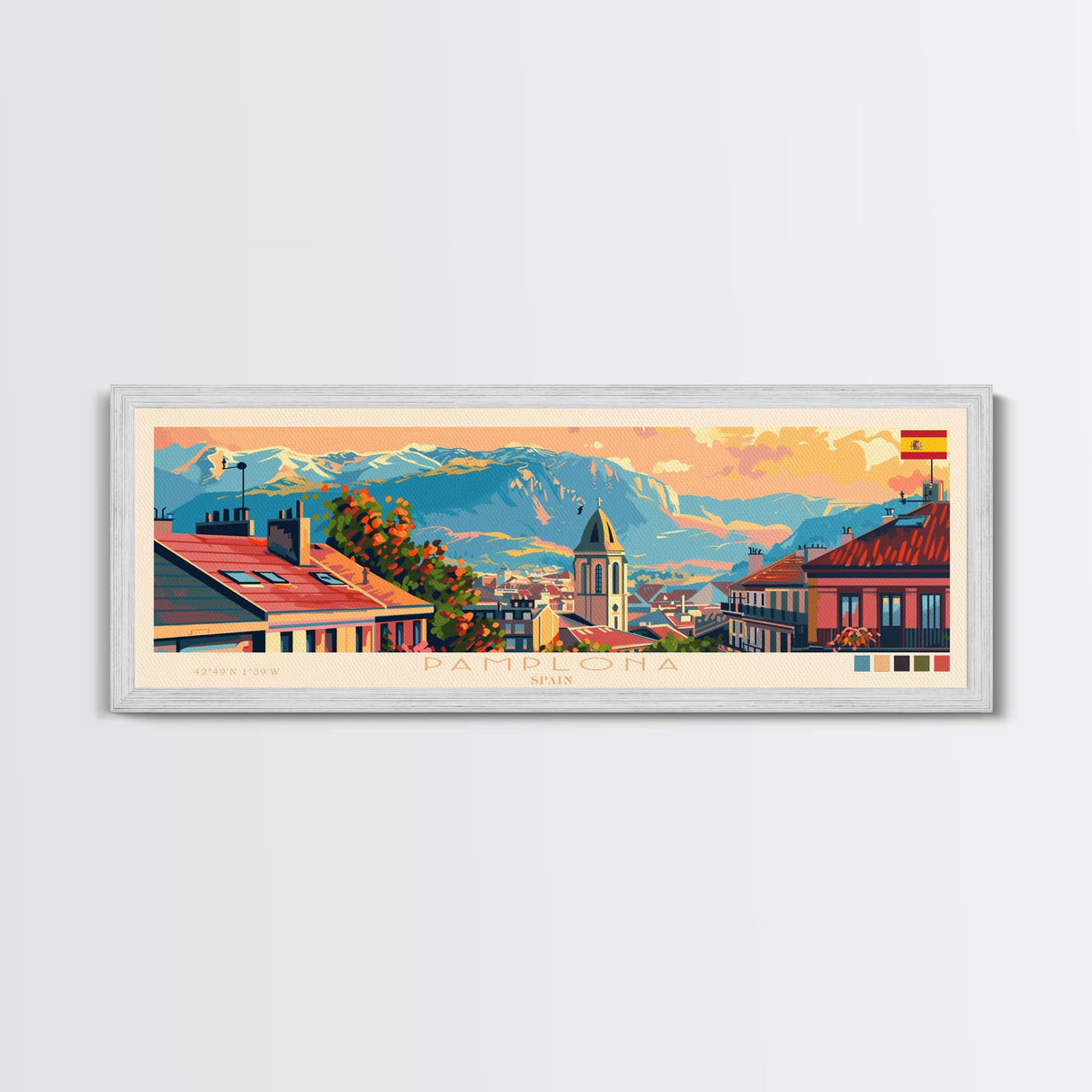 Pamplona Spain Panoramic Travel Poster, Framed Canvas Print or Metal Wall Art, Travel Art, Home Decor, Panoramic Painting, Midcentury Art