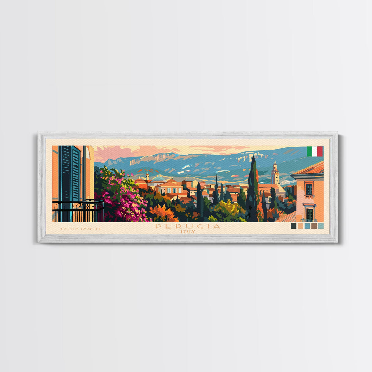 Perugia Italy Panoramic Travel Poster, Framed Canvas Print or Metal Wall Art, Travel Art, Home Decor, Panoramic Painting, Midcentury Art