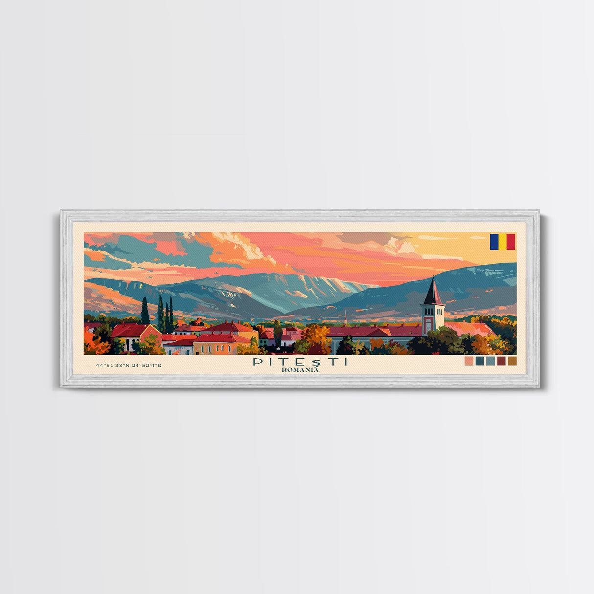 Piteti Romania Panoramic Travel Poster, Framed Canvas Print or Metal Wall Art, Travel Art, Home Decor, Panoramic Painting, Midcentury Art