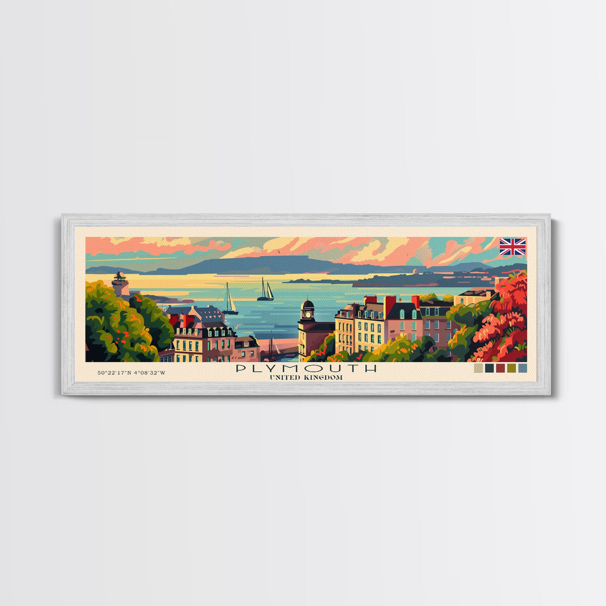 Plymouth United Kingdom Panoramic Travel Poster, Framed Canvas Print or Metal Wall Art, Travel Art, Home Decor, Panoramic Painting, Midcentury Art