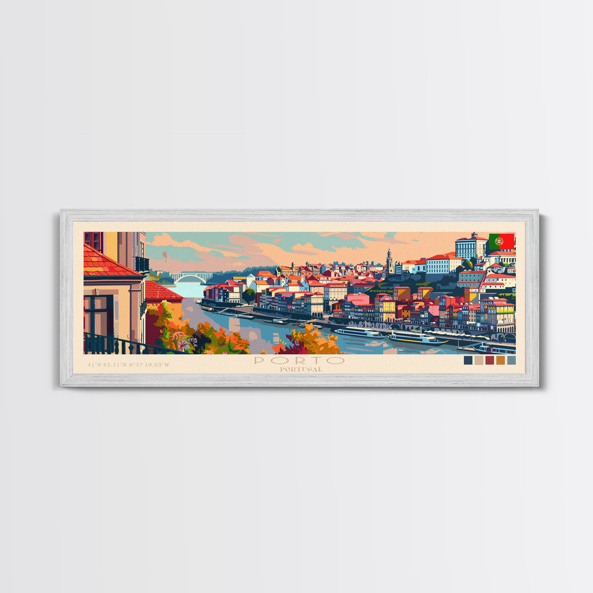 Porto Portugal Panoramic Travel Poster, Framed Canvas Print or Metal Wall Art, Travel Art, Home Decor, Panoramic Painting, Midcentury Art