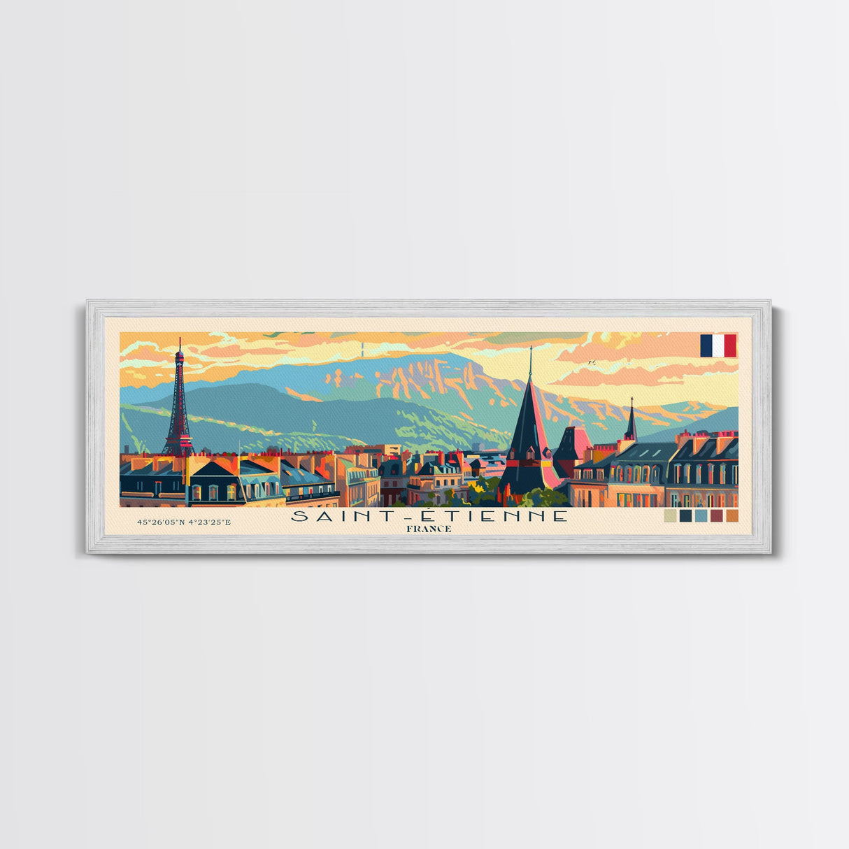 Saint Etienne France Panoramic Travel Poster, Framed Canvas Print or Metal Wall Art, Travel Art, Home Decor, Panoramic Painting, Midcentury Art