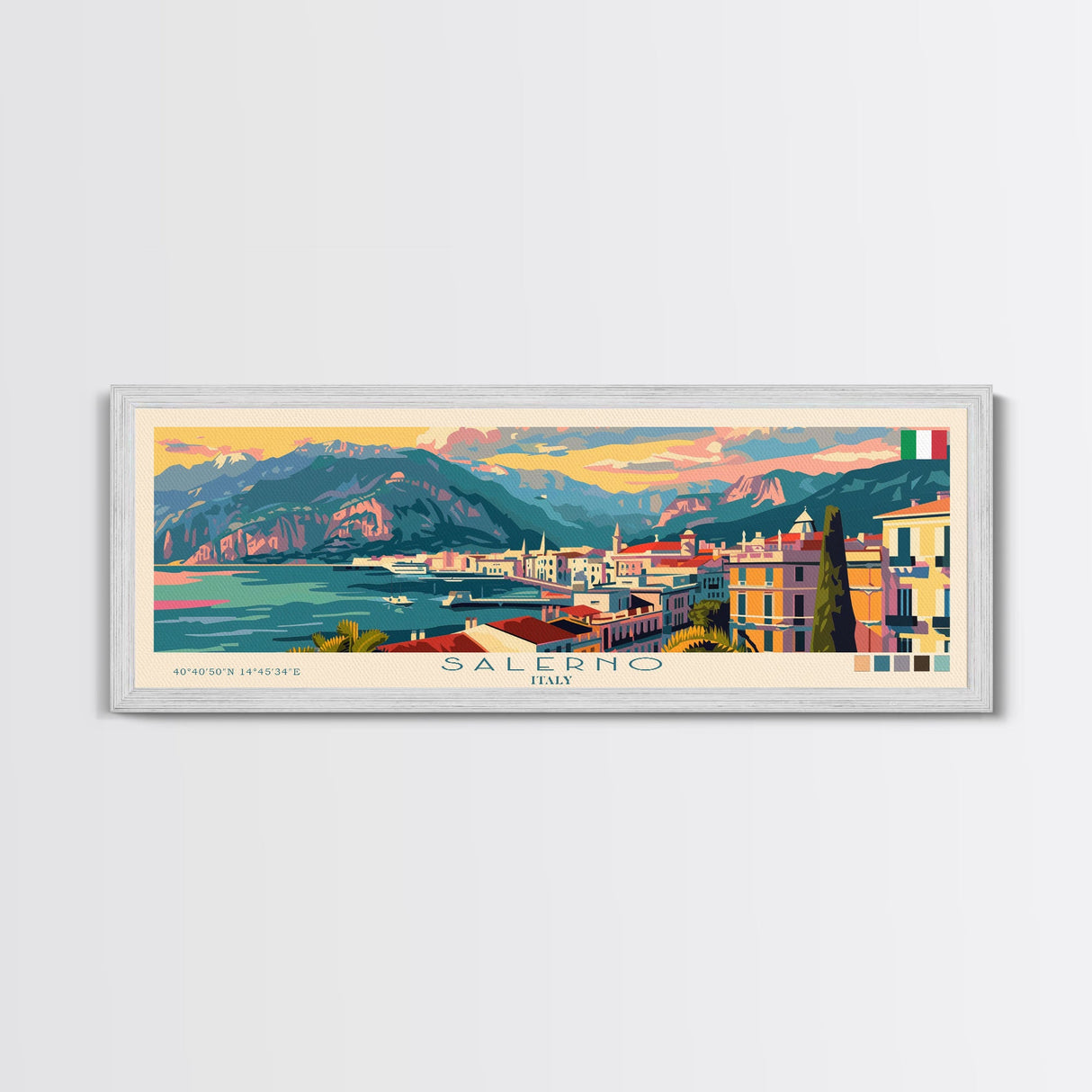 Salerno Italy Travel Art, City Art, Framed Canvas Print or Metal Wall Art, Europe Travel Poster, Panoramic Wall Art, Extra Wide Wall Art