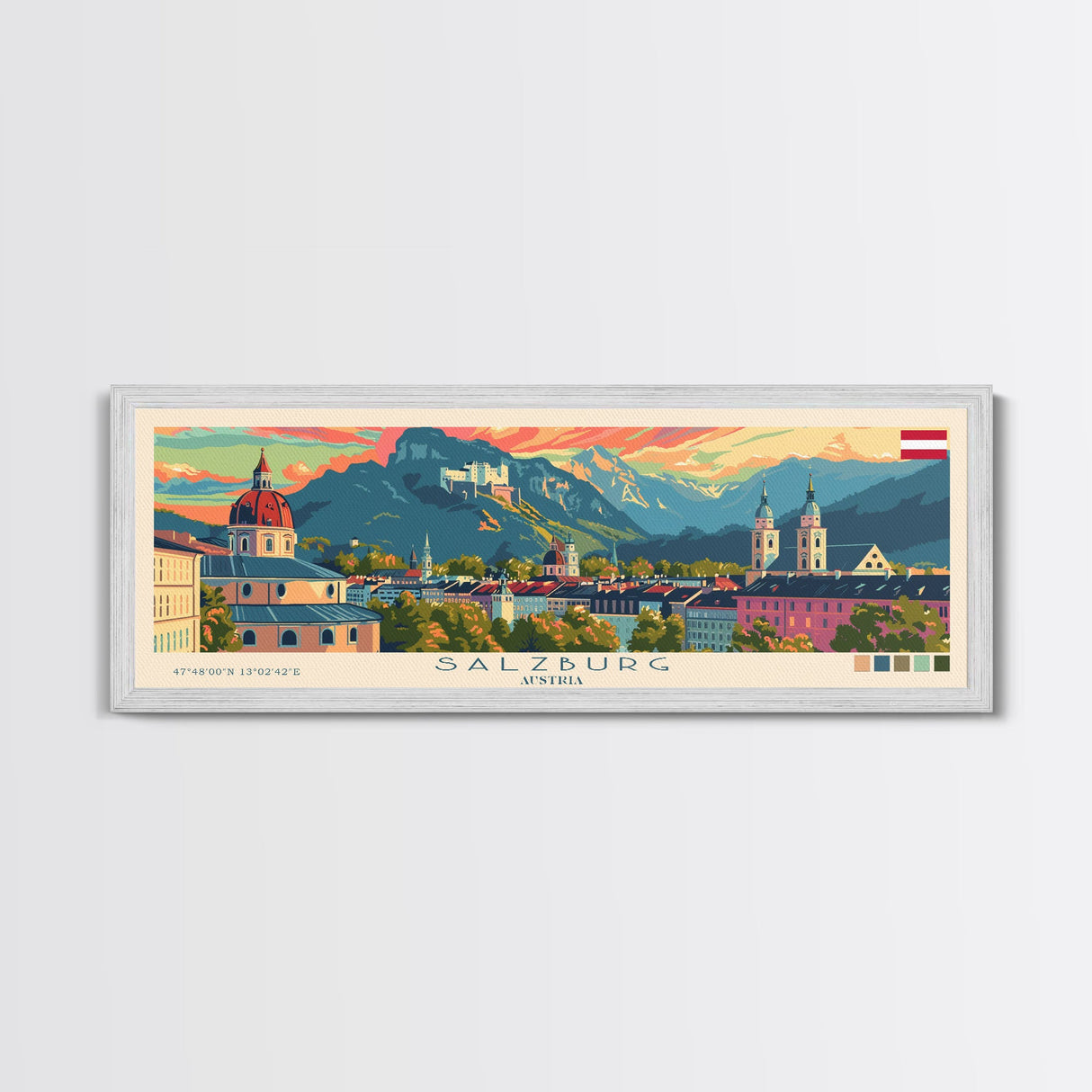 Salzburg Austria Panoramic Travel Poster, Framed Canvas Print or Metal Wall Art, Travel Art, Home Decor, Panoramic Painting, Midcentury Art