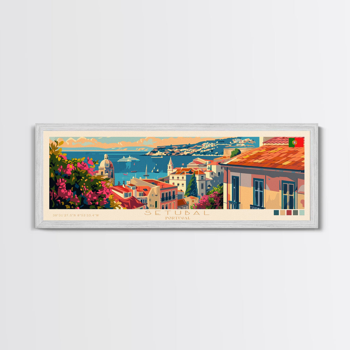 Setúbal Portugal Travel Print Wall Art, Panoramic City Art, Travel Art, Wall Decor, Vacation Gift, Framed Canvas Print Or Metal Art