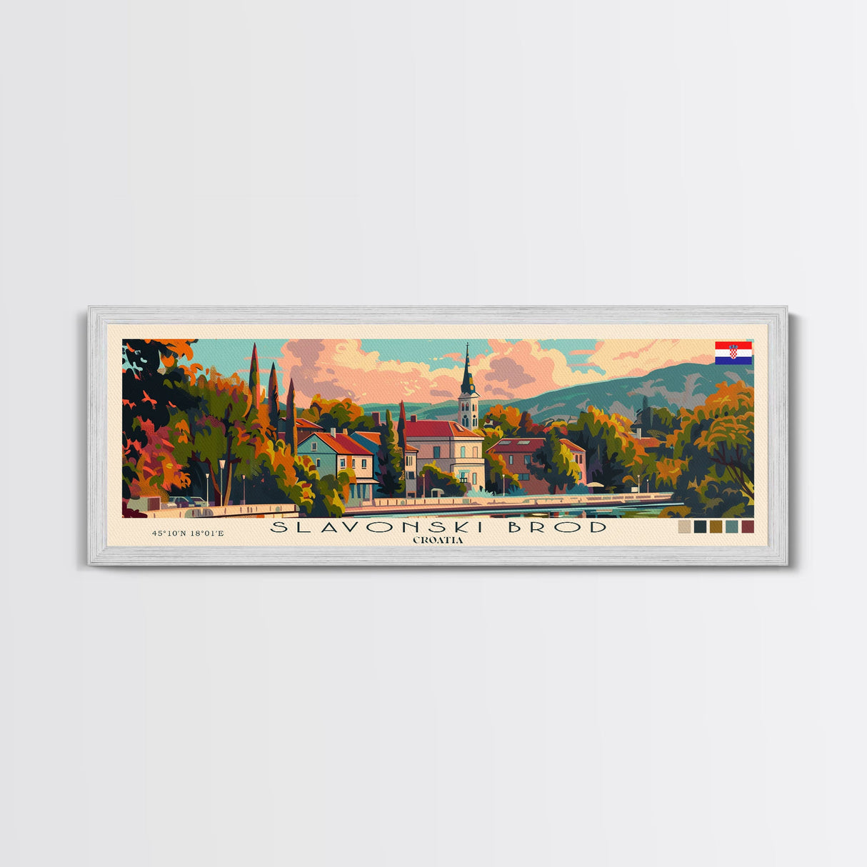 Slavonski Brod Croatia Panoramic Travel Poster, Framed Canvas Print or Metal Wall Art, Travel Art, Home Decor, Panoramic Painting, Midcentury Art