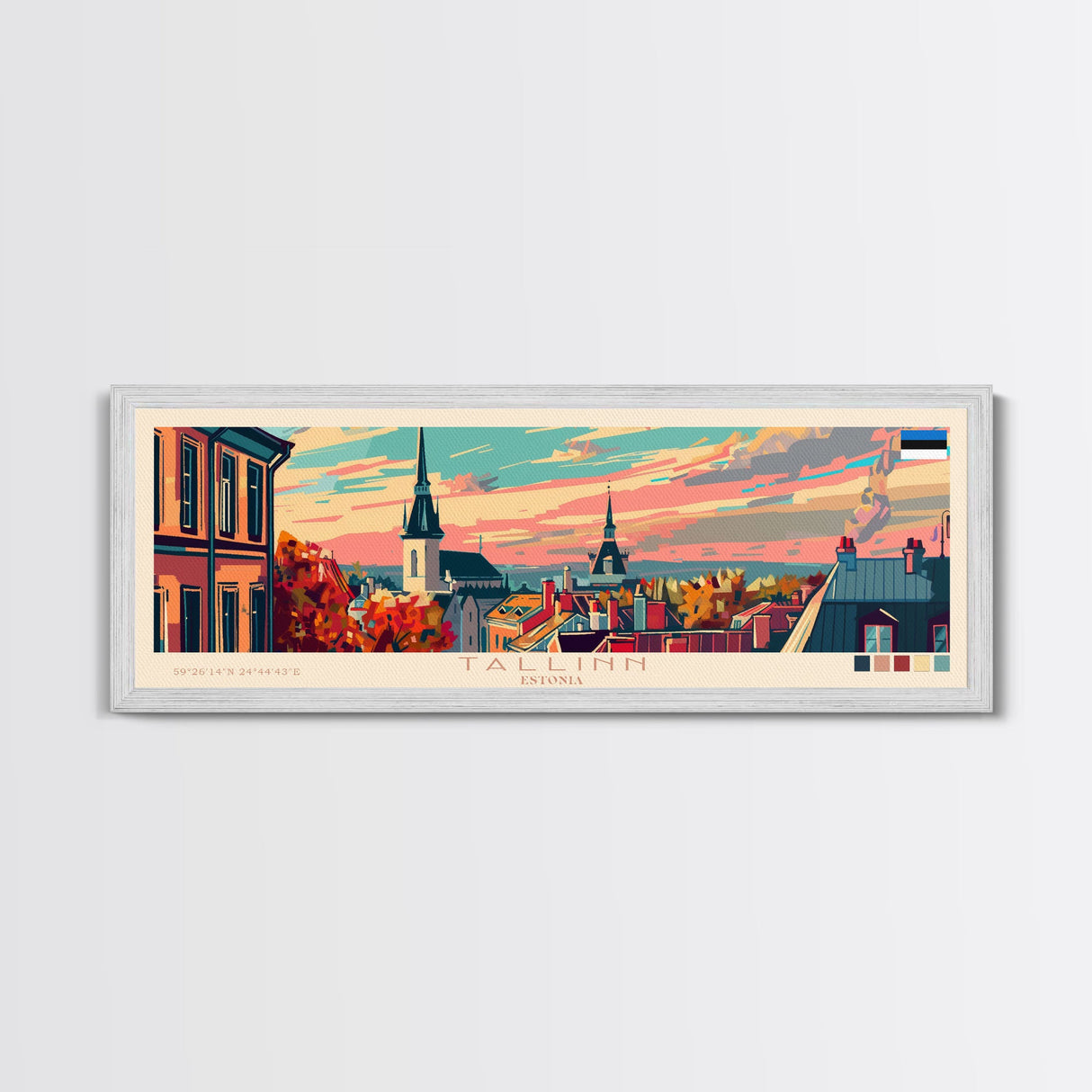 Tallinn Estonia Panoramic Travel Poster, Framed Canvas Print or Metal Wall Art, Travel Art, Home Decor, Panoramic Painting, Midcentury Art