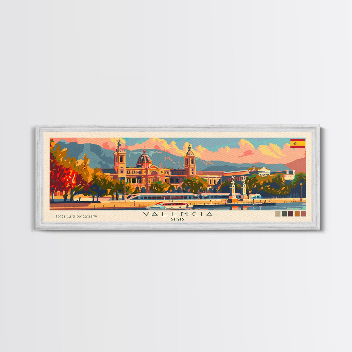 Valencia Spain Travel Art, City Art, Framed Canvas Print or Metal Wall Art, Europe Travel Poster, Panoramic Wall Art, Extra Wide Wall Art