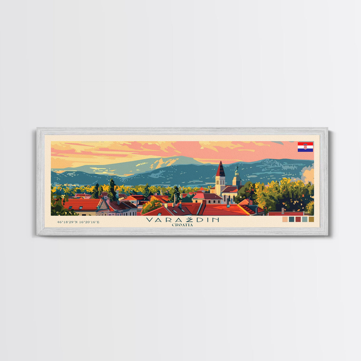 Varaždin Croatia Panoramic Travel Poster, Framed Canvas Print or Metal Wall Art, Travel Art, Home Decor, Panoramic Painting, Midcentury Art