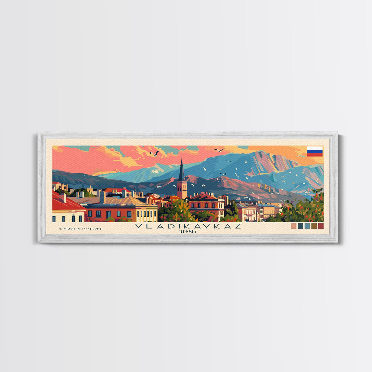 Vladikavkaz Russia Panoramic Travel Poster, Framed Canvas Print or Metal Wall Art, Travel Art, Home Decor, Panoramic Painting, Midcentury Art