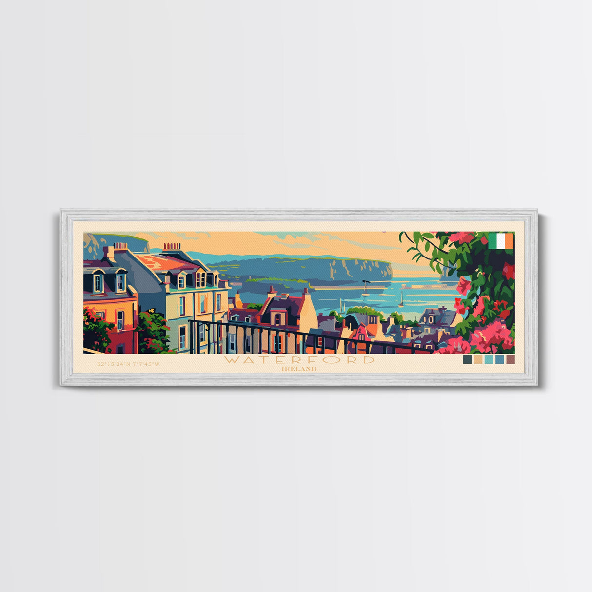 Waterford Ireland Panoramic Travel Poster, Framed Canvas Print or Metal Wall Art, Travel Art, Home Decor, Panoramic Painting, Midcentury Art