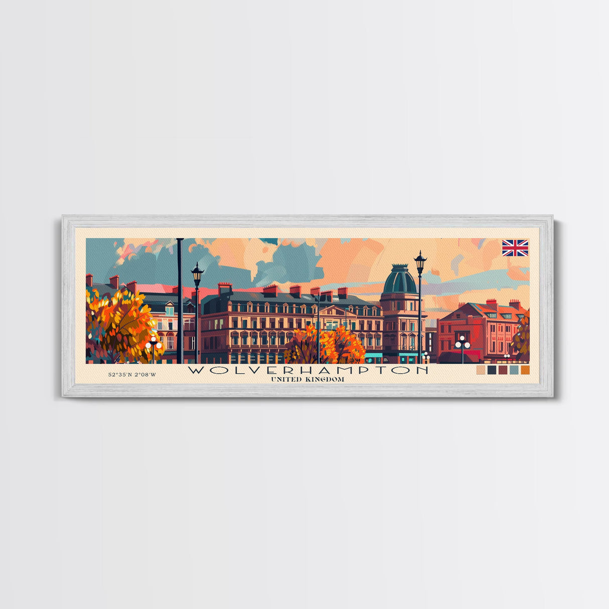 Wolverhampton United Kingdom Panoramic Travel Poster, Framed Canvas Print or Metal Wall Art, Travel Art, Home Decor, Panoramic Painting, Midcentury Art