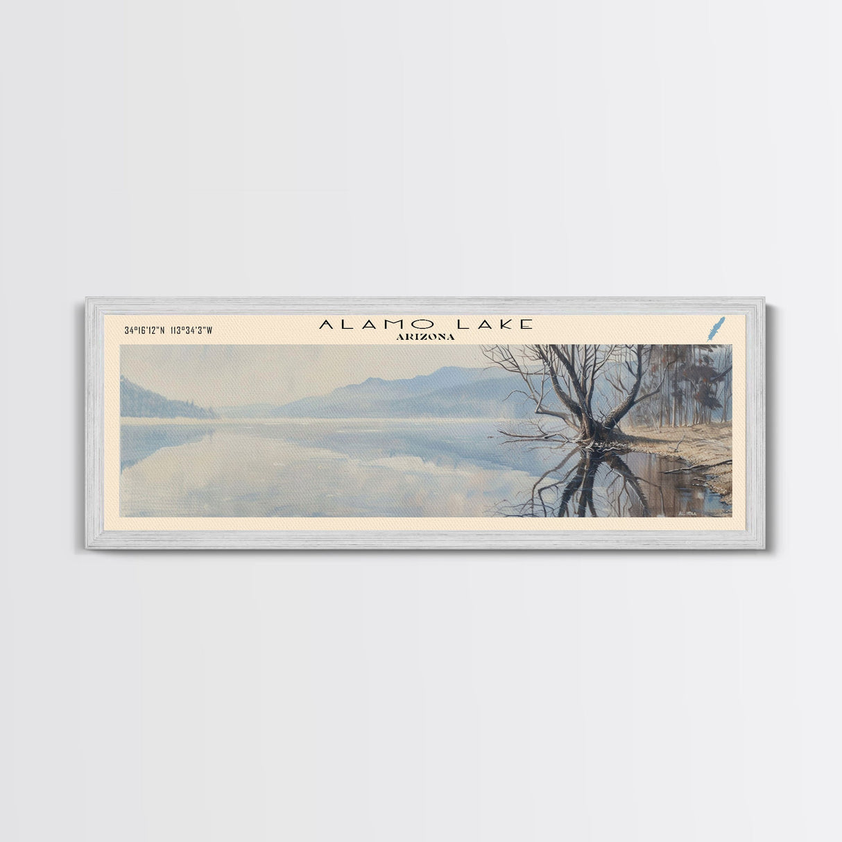 Alamo Lake Arizona Panoramic Framed Canvas Print, Lake House Decor, Minimalist Art, Travel Poster, Wood Wall Art, Scenic Painting