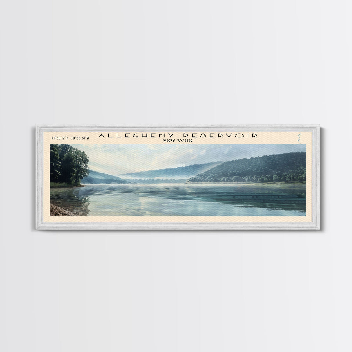 Allegheny Reservoir New York Panoramic Framed Canvas Print, Lake House Decor, Abstract Landscape, Travel Poster, Modern Wall Art, Calm Waters