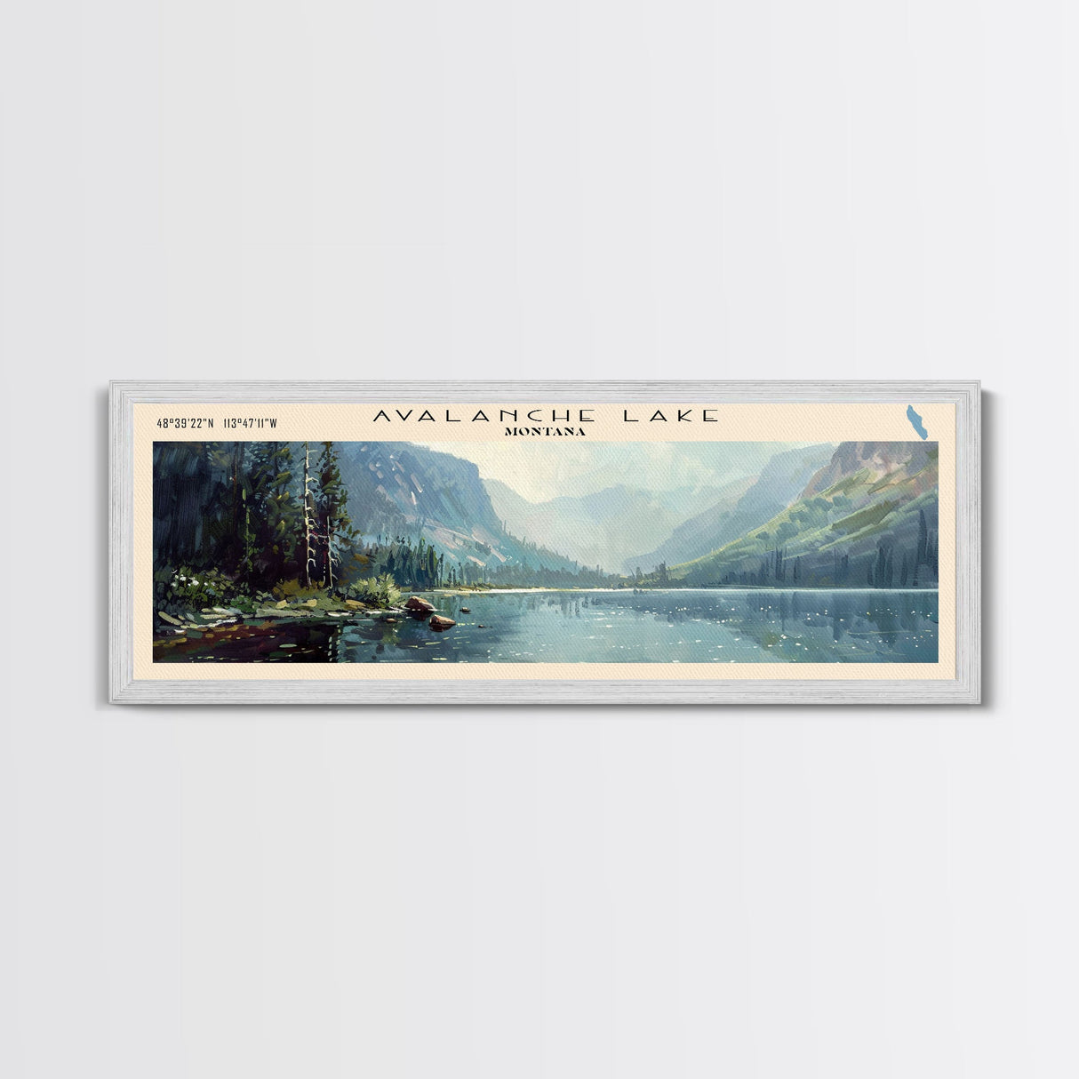 Avalanche Lake Montana Panoramic Framed Canvas Print, Lake House Art, Boho Decor, Travel Poster, Nature Wall Art, Serene Scene