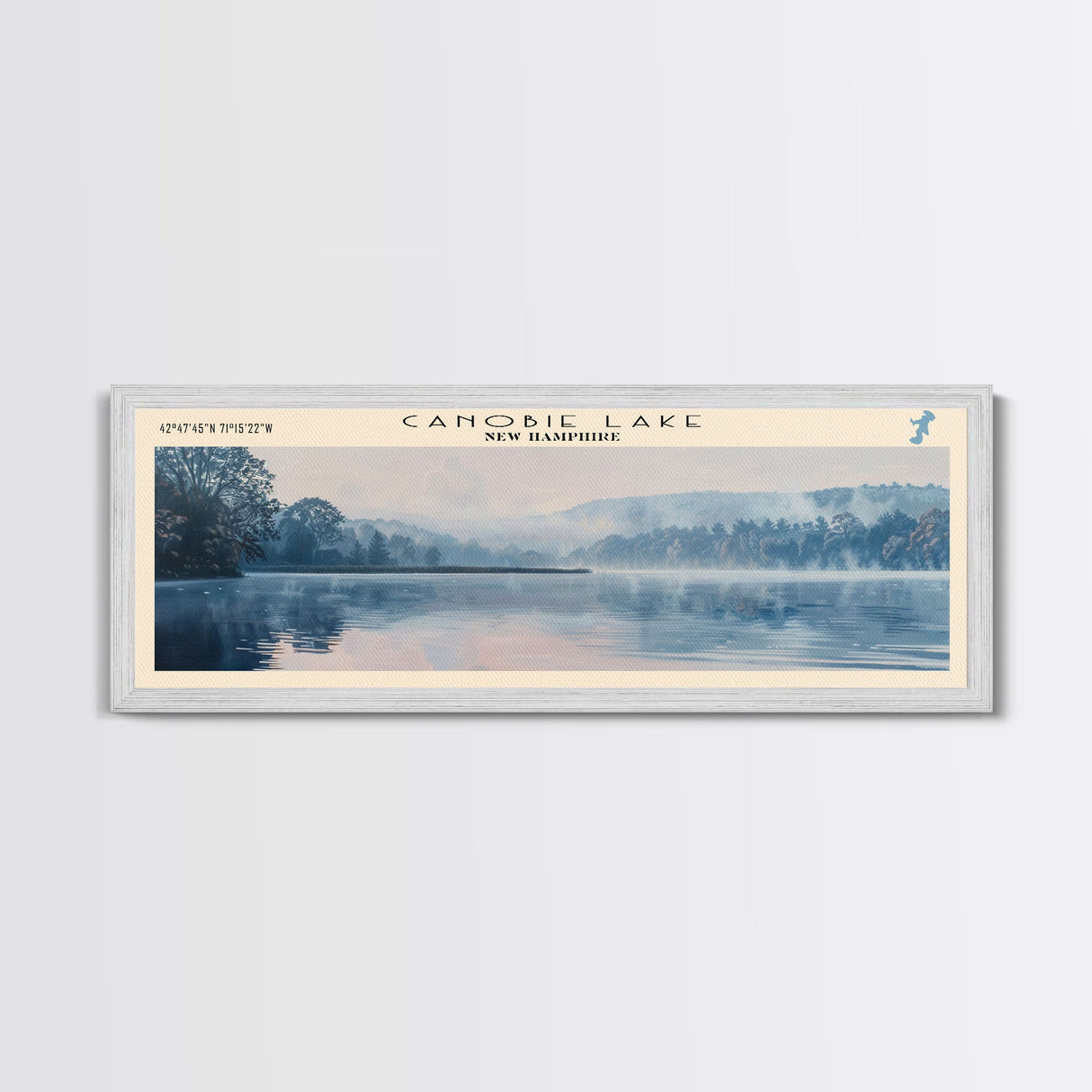 Canobie Lake New Hampshire Framed Canvas Print, Panoramic Lake House Art, Wall Art, Travel Poster, Modern Lake Painting, Nature Art