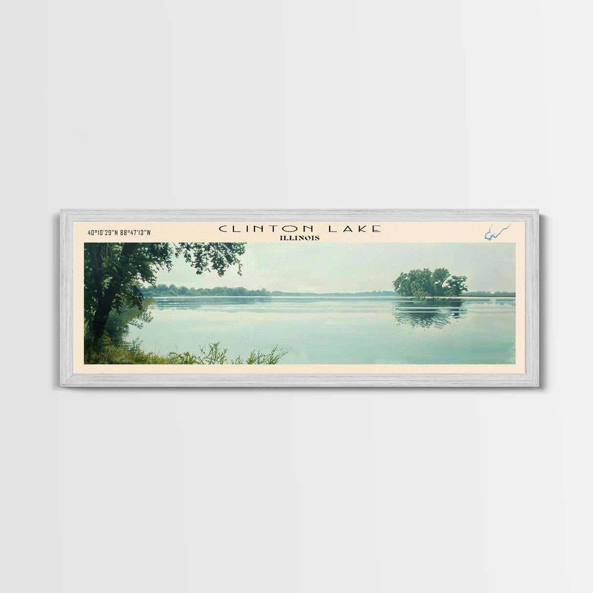 Clinton Lake Illinois Framed Canvas Print, Panoramic Lake House Decor, Wide Wall Art, Travel Poster, Rustic Lake Painting, Nature Art