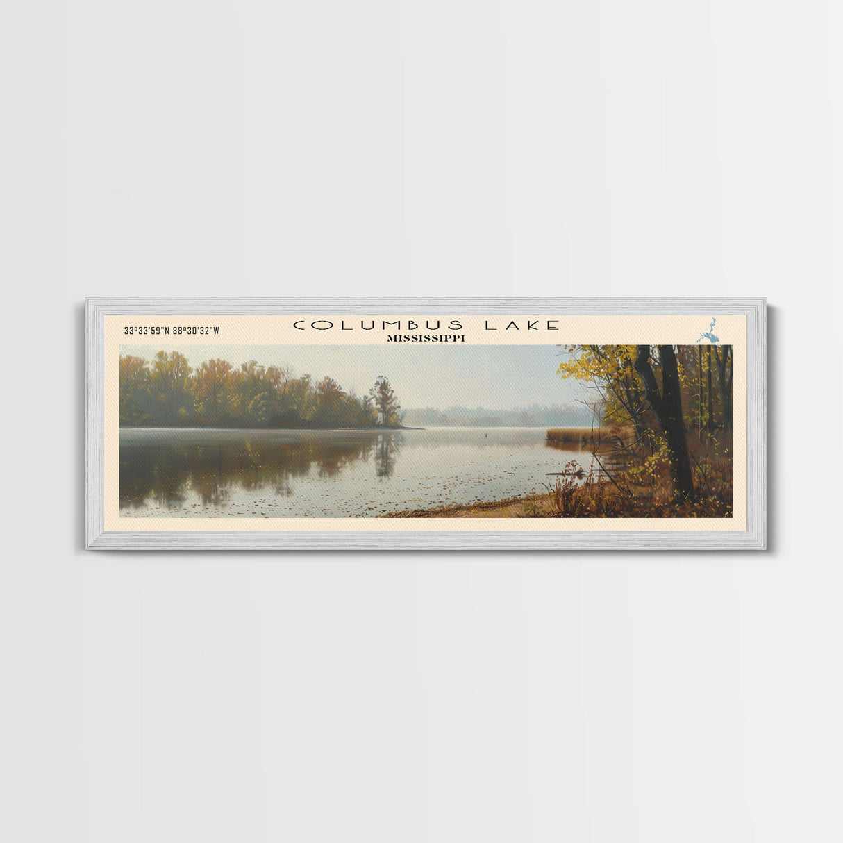 Columbus Lake Mississippi Framed Canvas Print, Panoramic Lake House Decor, Wide Wall Art, Travel Poster, Rustic Lake Painting, Nature Art