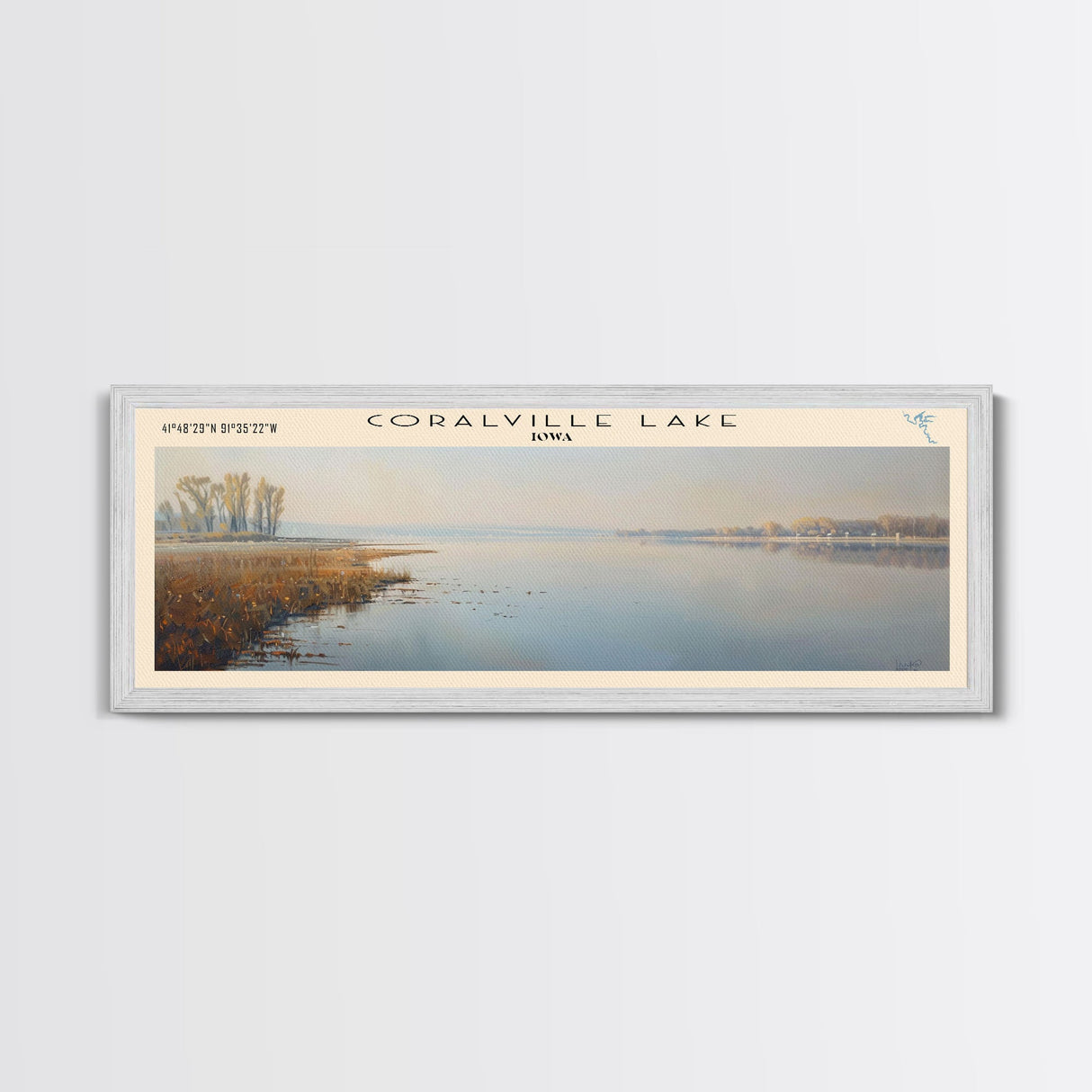 Coralville Lake Iowa Framed Canvas Print, Lake House Art, Panoramic Wide Art, Travel Poster, Modern Lake Painting, Nature Art