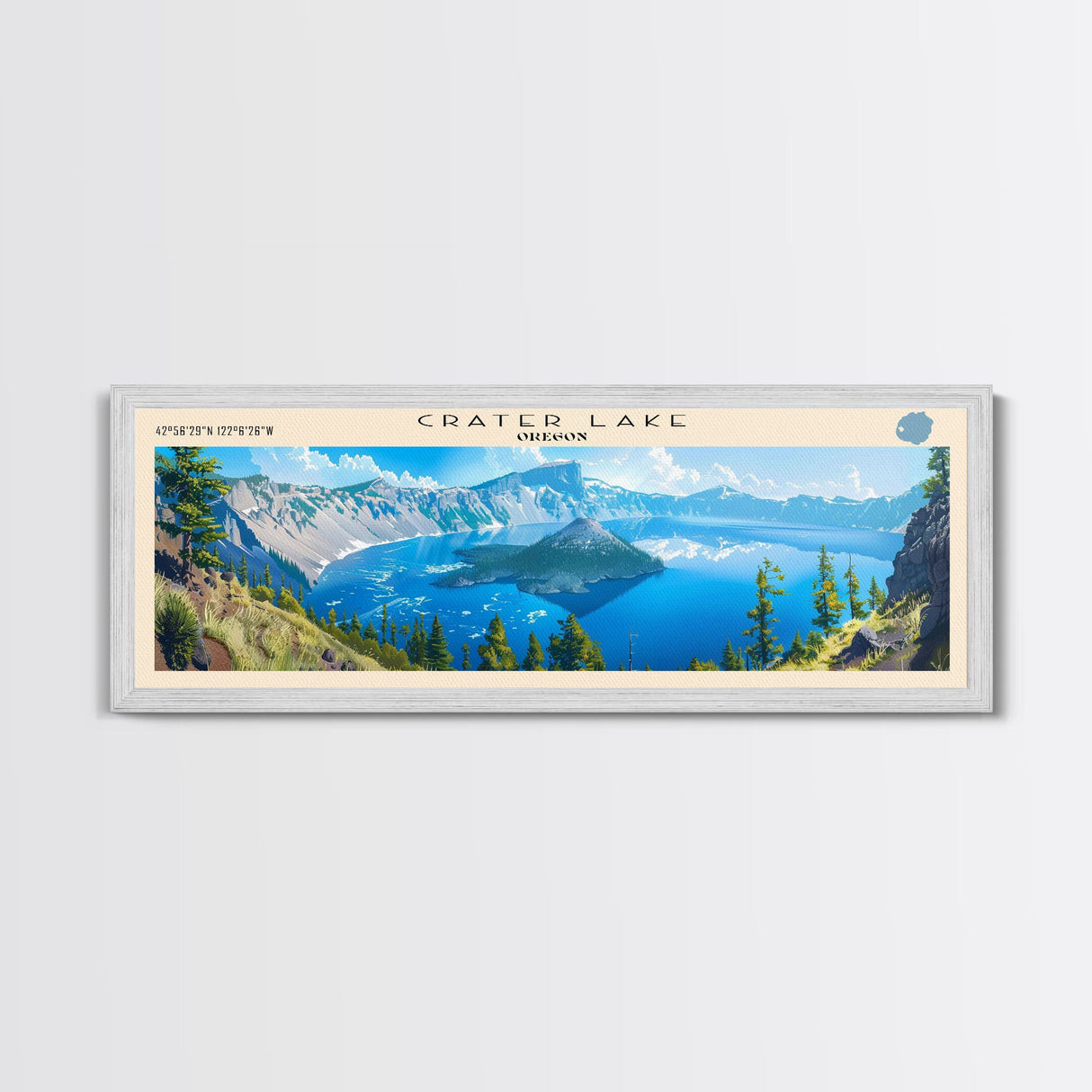 Crater Lake Framed Canvas Print, Lake House Decor, Panoramic Wide Art, Travel Poster, Rustic Lake Painting, Home Decor