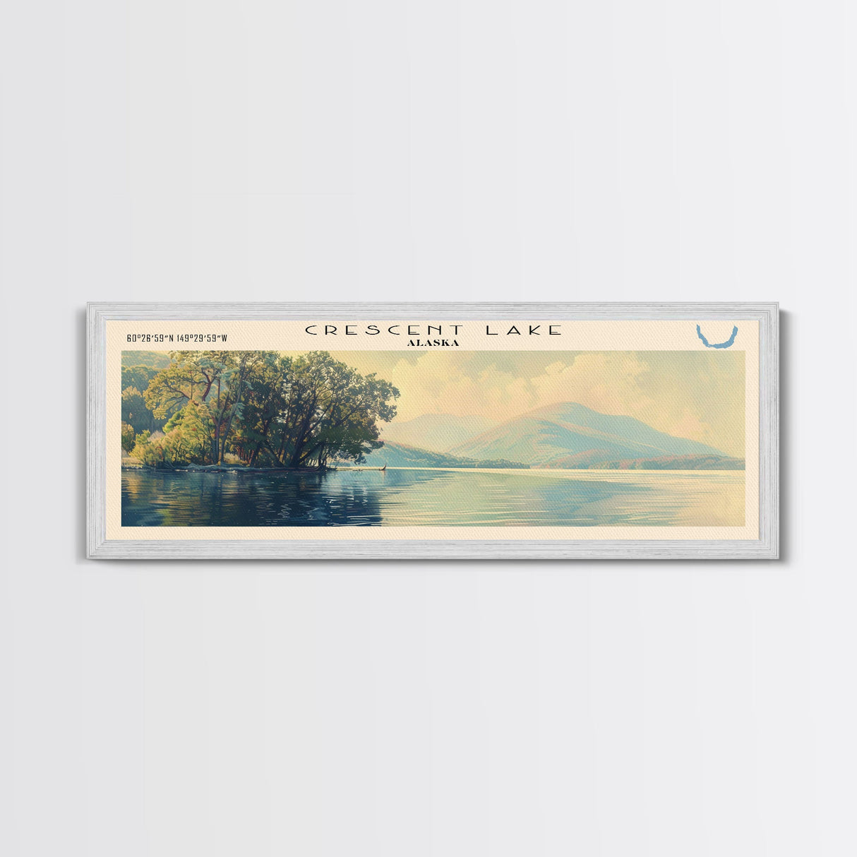 Crescent Lake Framed Canvas Print, Lake House Art, Panoramic Travel Poster, Wall Art, Modern Lake Painting, Home Decor