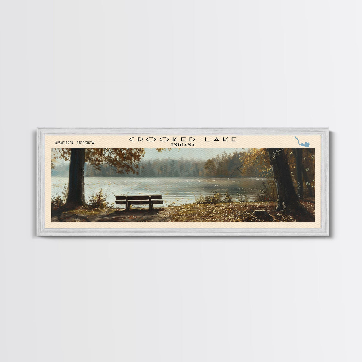 Crooked Lake Indiana Framed Canvas Print, Panoramic Lake House Decor, Wall Art, Travel Poster, Rustic Lake Painting, Nature Art