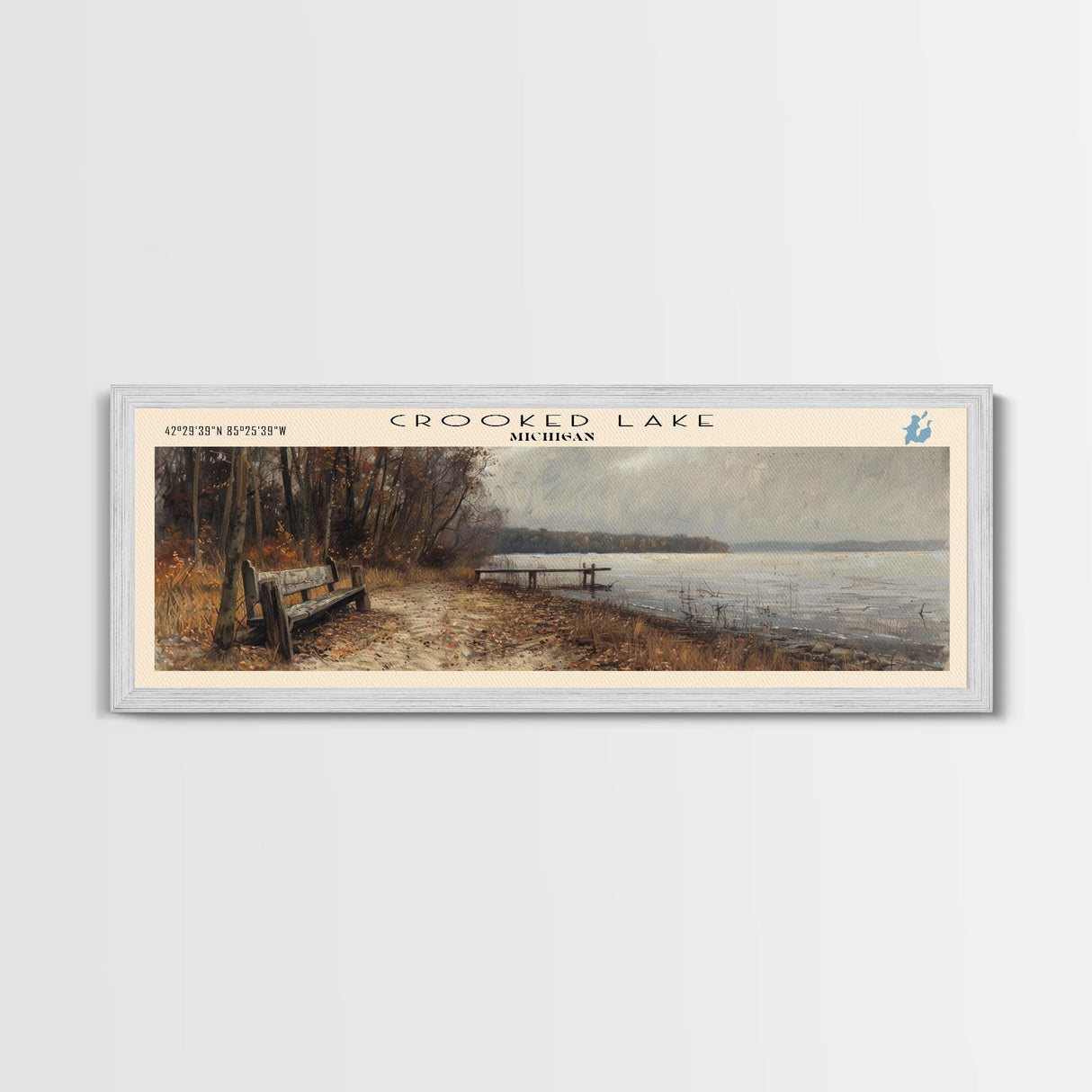 Crooked Lake Indiana Framed Canvas Print, Panoramic Lake House Decor, Wall Art, Travel Poster, Rustic Lake Painting, Nature Art