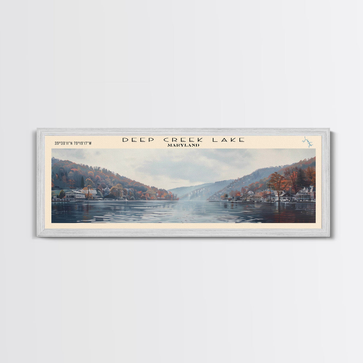 Deep Creek Lake Maryland Framed Canvas Print, Lake House Decor, Panoramic Wall Art, Travel Poster, Modern Lake Painting, Nature Art