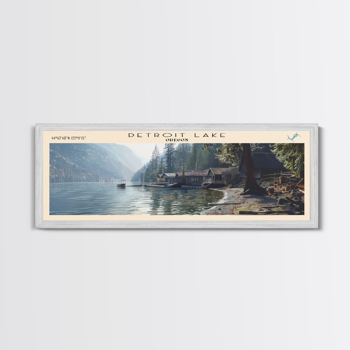 Detroit Lake Oregon Framed Canvas Print, Lake House Decor, Panoramic Wall Art, Travel Poster, Rustic Lake Painting, Nature Art