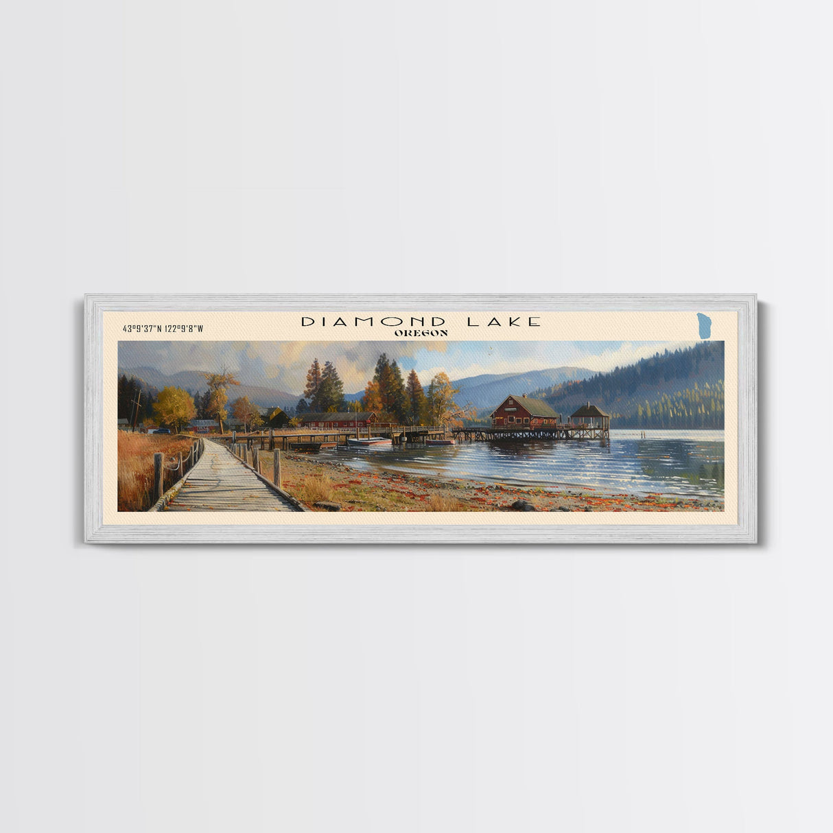 Diamond Lake Oregon Framed Canvas Print, Lake House Art, Panoramic Wall Art, Travel Poster, Modern Lake Painting, Home Decor