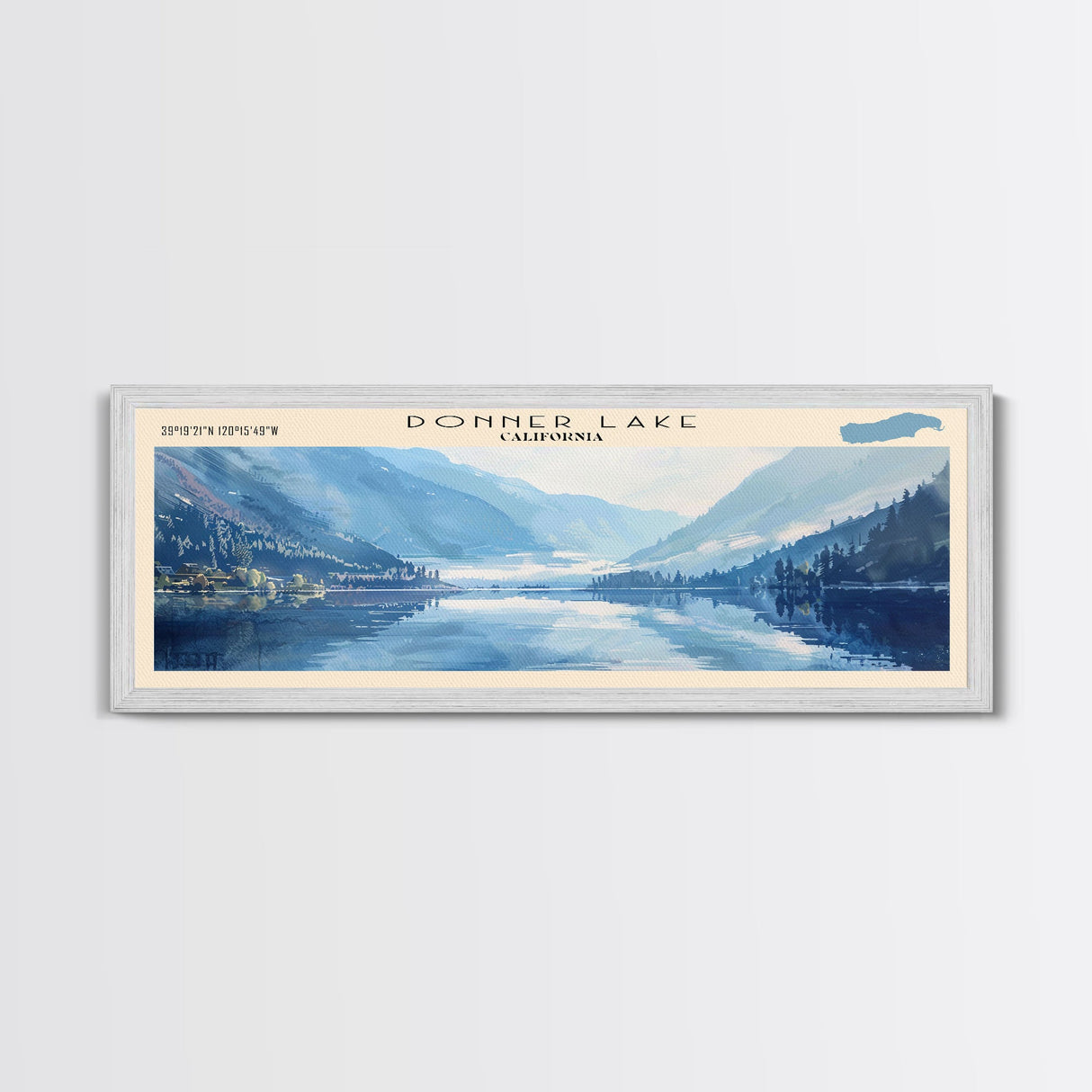 Donner Lake California Framed Canvas Print, Lake House Decor, Panoramic Wall Art, Travel Poster, Modern Lake Painting, Nature Art