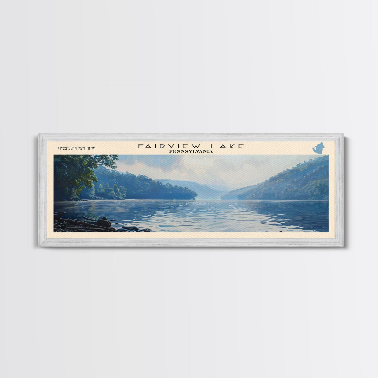 Fairview Lake Pennsylvania Framed Canvas Print, Lake House Decor, Panoramic Wall Art, Travel Poster, Rustic Lake Painting, Home Decor