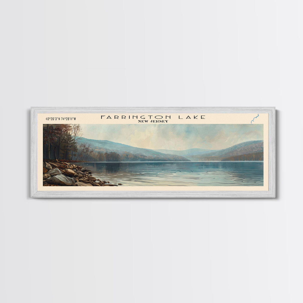 Farrington Lake New Jersey Framed Canvas Print, Lake House Decor, Panoramic Wall Art, Travel Poster, Modern Lake Painting, Nature Art