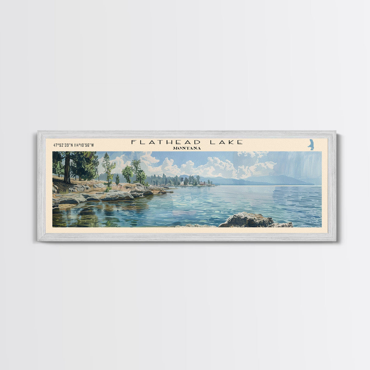 Flathead Lake Montana Framed Canvas Print, Lake House Art, Panoramic Wall Art, Travel Poster, Captivating Lake Painting, Home Decor