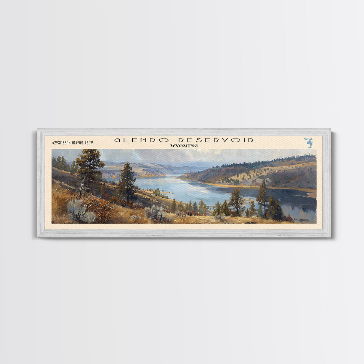 Glendo Reservoir Wyoming Framed Canvas Print, Panoramic Lake House Decor, Wall Art, Travel Poster, Beautiful Lake Painting, Nature Art