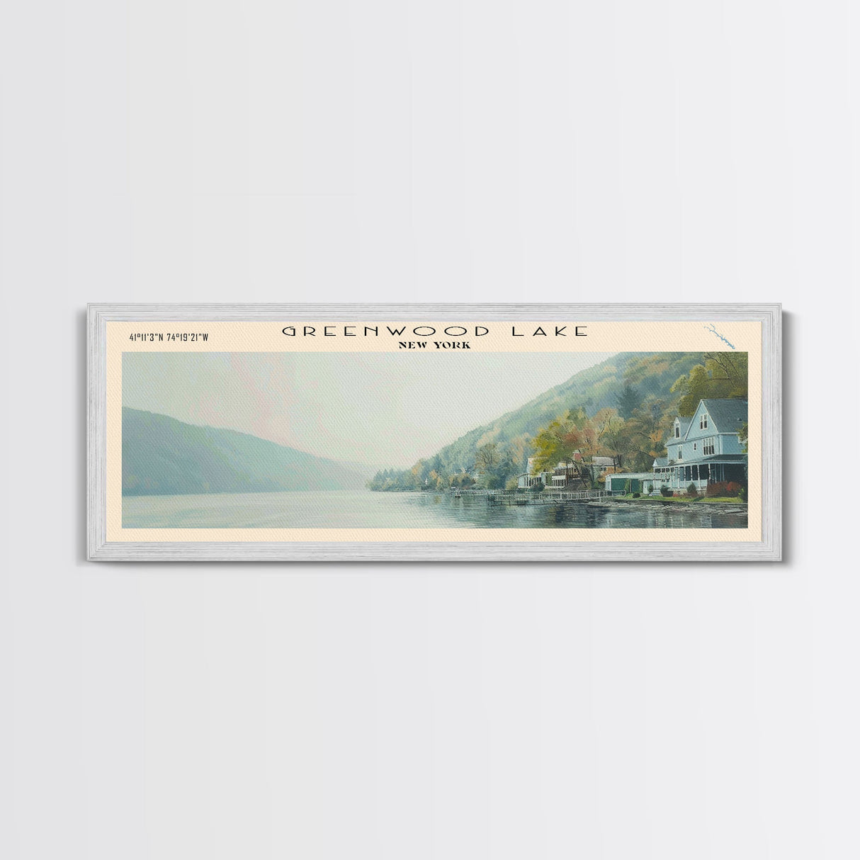 Greenwood Lake New York Framed Canvas Print, Lake House Art, Panoramic Wall Art, Travel Poster, Peaceful Lake Painting, Home Decor