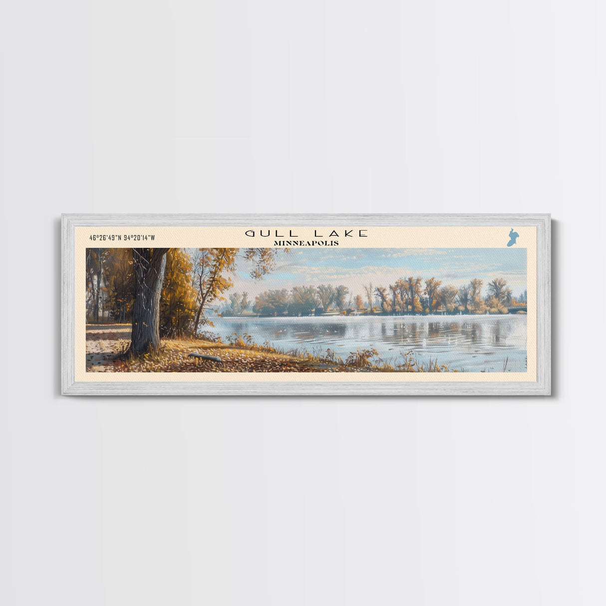 Gull Lake Minneapolis Framed Canvas Print, Lake House Art, Panoramic Wall Art, Travel Poster, Serene Lake Painting, Home Decor