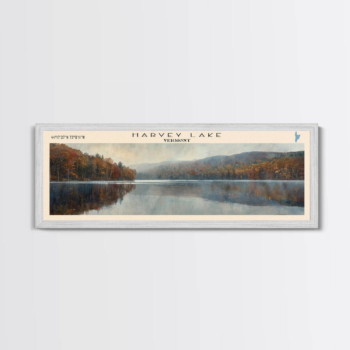 Harvey Lake Vermont Framed Canvas Print, Lake House Decor, Panoramic Wall Art, Travel Poster, Captivating Lake Painting, Nature Art