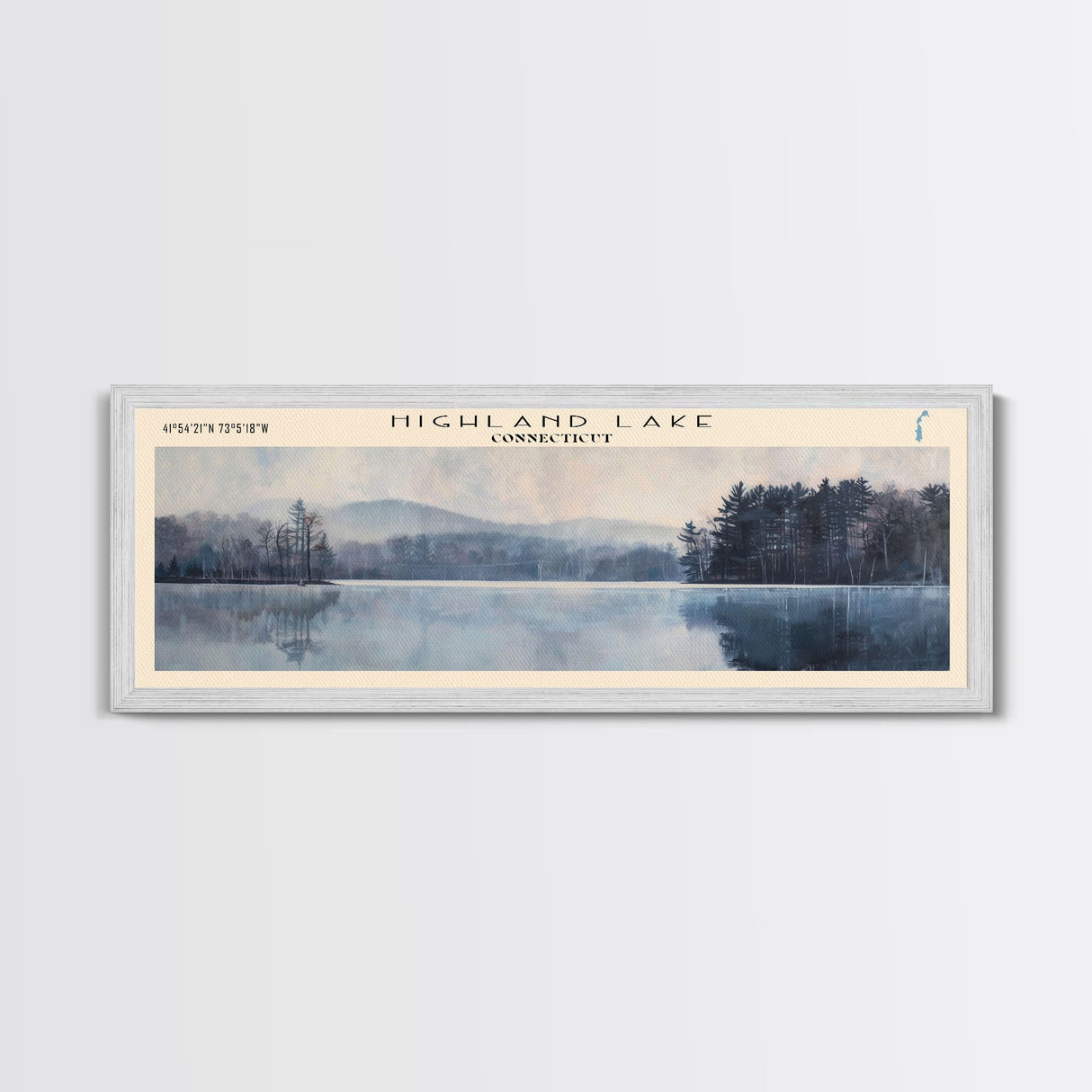 Highland Lake Connecticut Framed Canvas Print, Lake House Art, Panoramic Wall Art, Travel Poster, Scenic Lake Painting, Home Decor