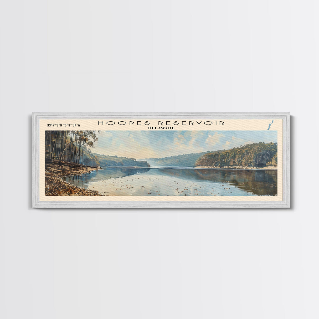 Hoopes Reservoir Delaware Framed Canvas Print, Panoramic Lake House Decor, Wall Art, Travel Poster, Scenic Lake Painting, Nature Art