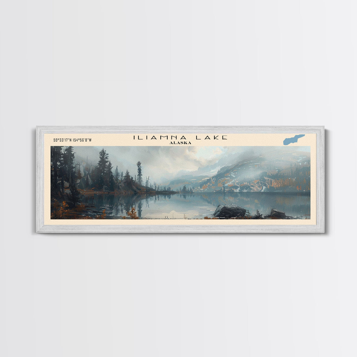 Iliamna Lake Framed Canvas Print, Panoramic Lake House Decor, Wall Art, Travel Poster, Serene Lake Painting, Nature Art