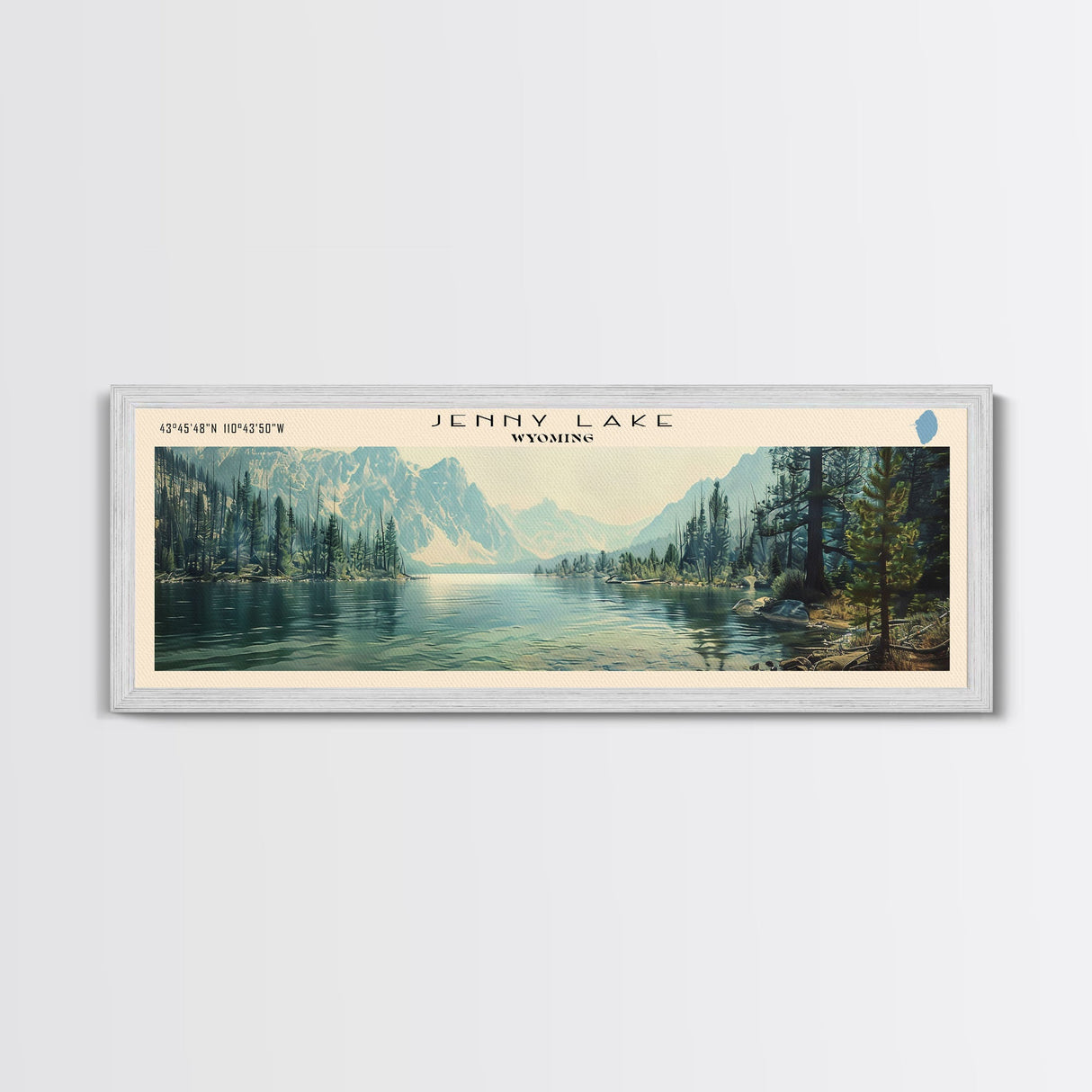 Jenny Lake Wyoming Framed Canvas Print, Lake House Decor, Panoramic Wall Art, Travel Poster, Beautiful Lake Painting, Nature Art