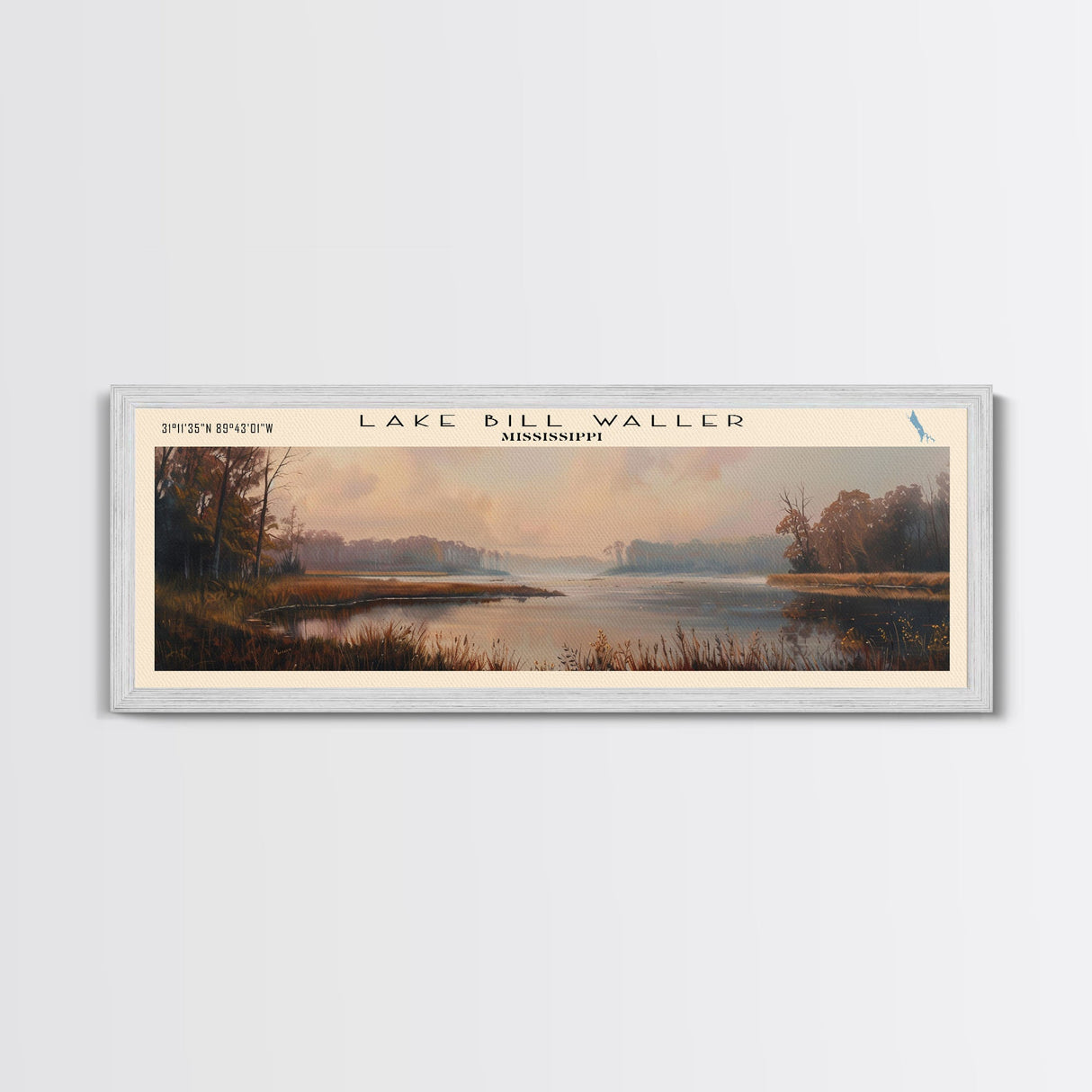 Lake Bill Waller Mississippi Framed Canvas Print, Lake House Decor, Panoramic Wall Art, Travel Poster, Captivating Lake Painting, Nature Art