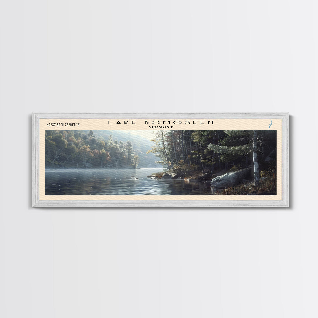 Lake Bomoseen Vermont Framed Canvas Print, Lake House Art, Panoramic Wall Art, Travel Poster, Serene Lake Painting, Home Decor